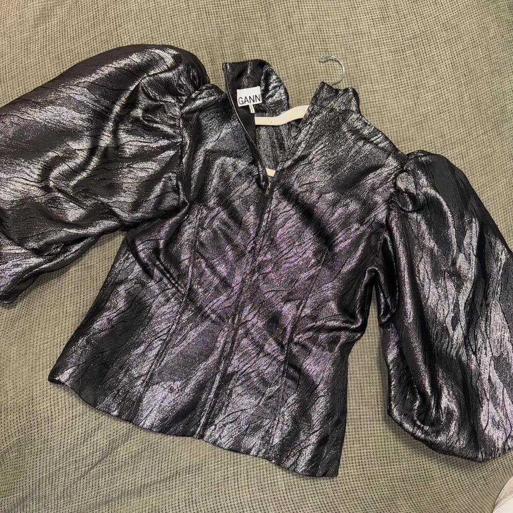 Ganni Women's Black and Silver Metallic Puff Sleeve Tailored Blouse
